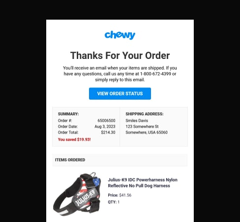 Preview of Chewy transactional email